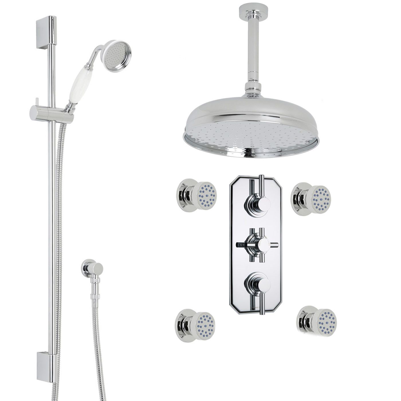 Tec Thermostatic Shower System with 12" Round Apron Head & Ceiling Arm , Handset & 4 Round Body Sprays