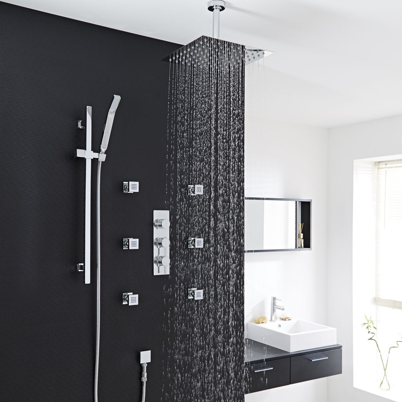 Quest Thermostatic Shower System with 12" Square Head & Ceiling Arm , Handset & 6 Square Body Sprays