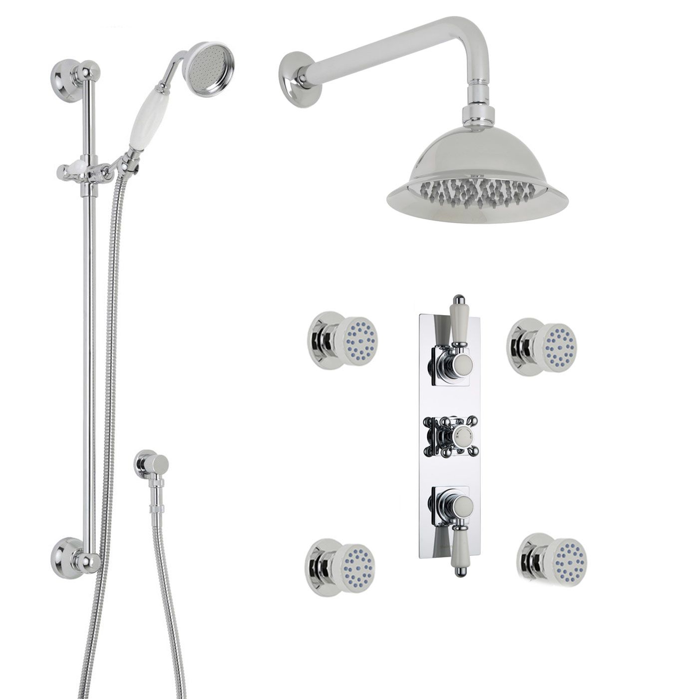 Traditional Thermostatic Shower System with 8" Rose & Wall Arm , Handset & 4 Round Body Sprays