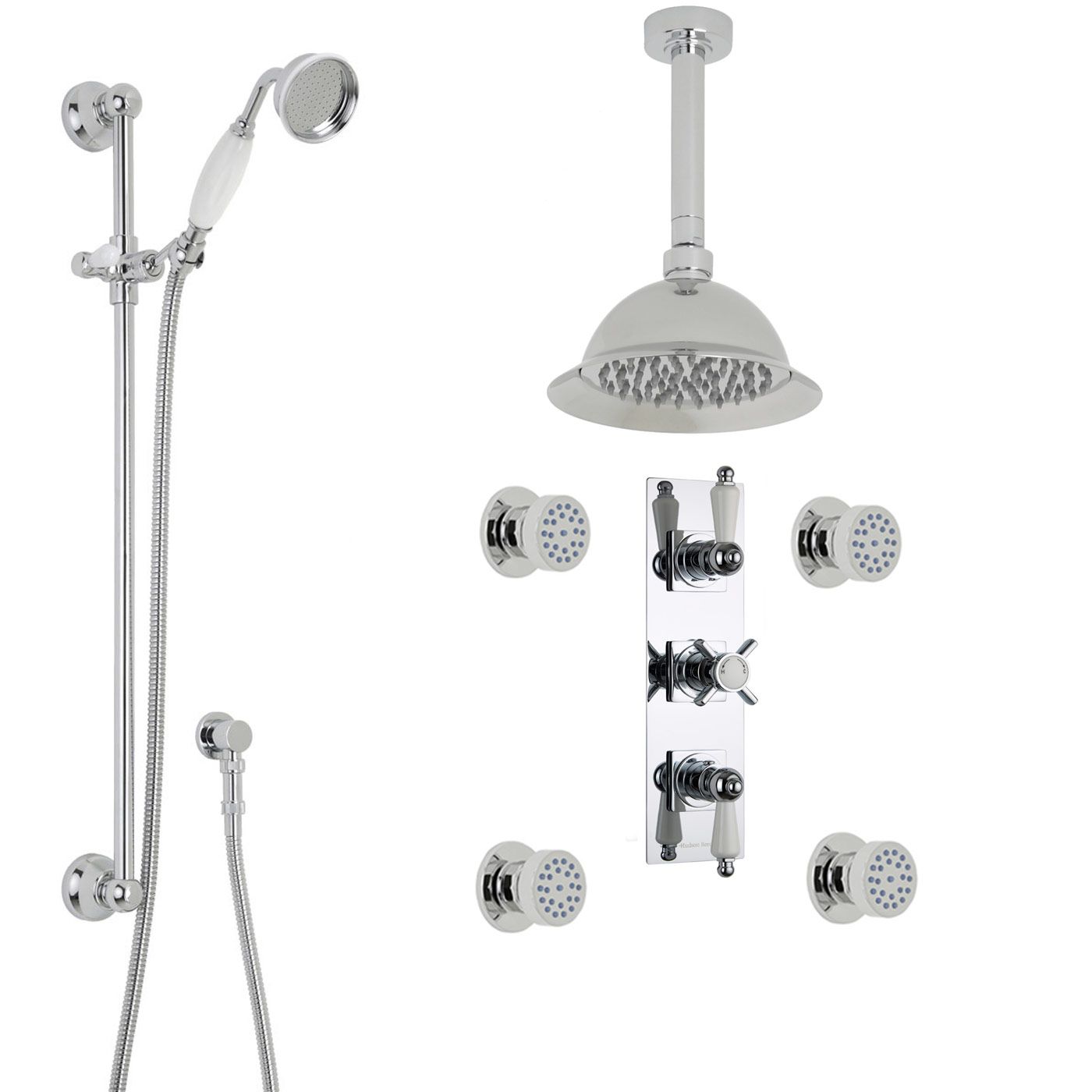 Beaumont Thermostatic Shower System with 8" Rose & Ceiling Arm , Handset & 4 Round Body Sprays