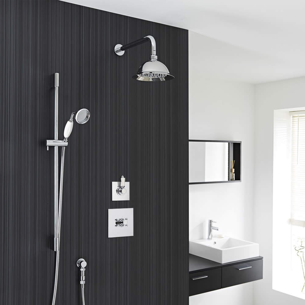 Traditional 2-Outlet Shower System with 8" Rose Head, Hand Shower & Diverter Valve
