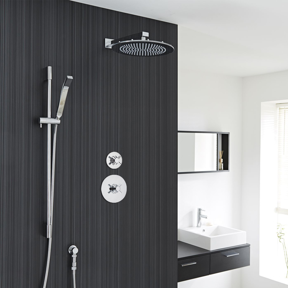 2-Outlet Shower System with 12" Round Head, Hand Shower & Diverter Valve