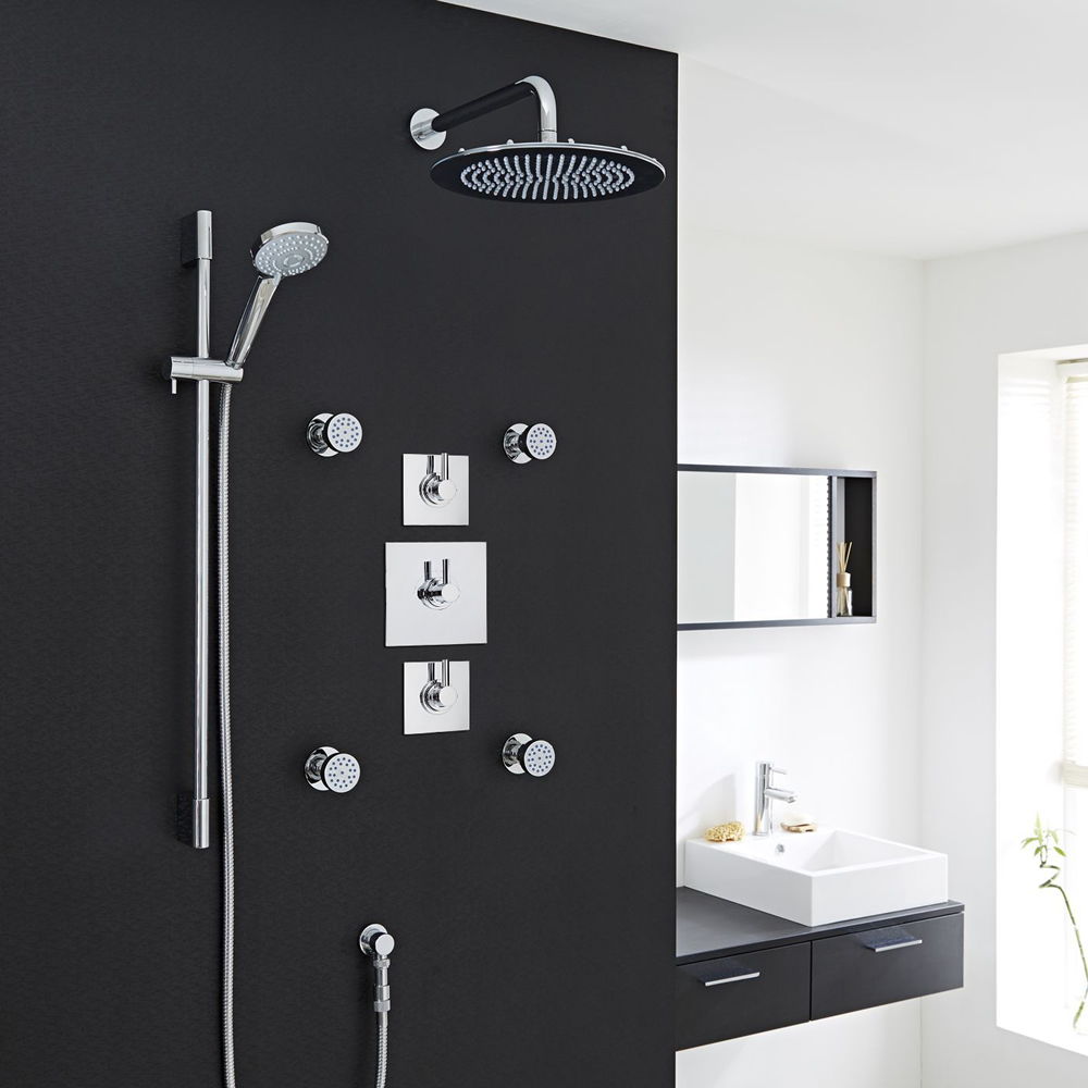 3-Outlet Shower System with 12" Square Head, Body Jets & Diverter Valve