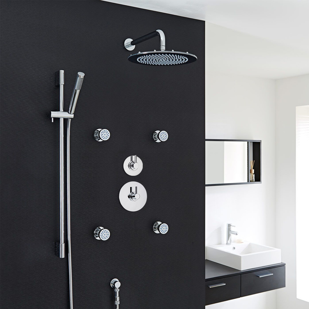 3-Outlet Shower System with 12" Round Head, Body Jets & Diverter Valve