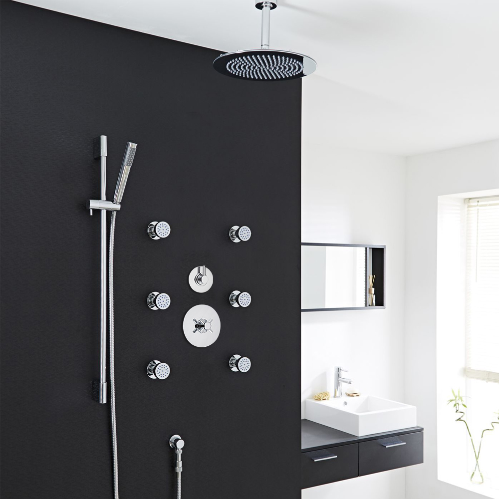 Modern 3-Outlet Shower System with Round Head, Body Jets & Diverter Valve