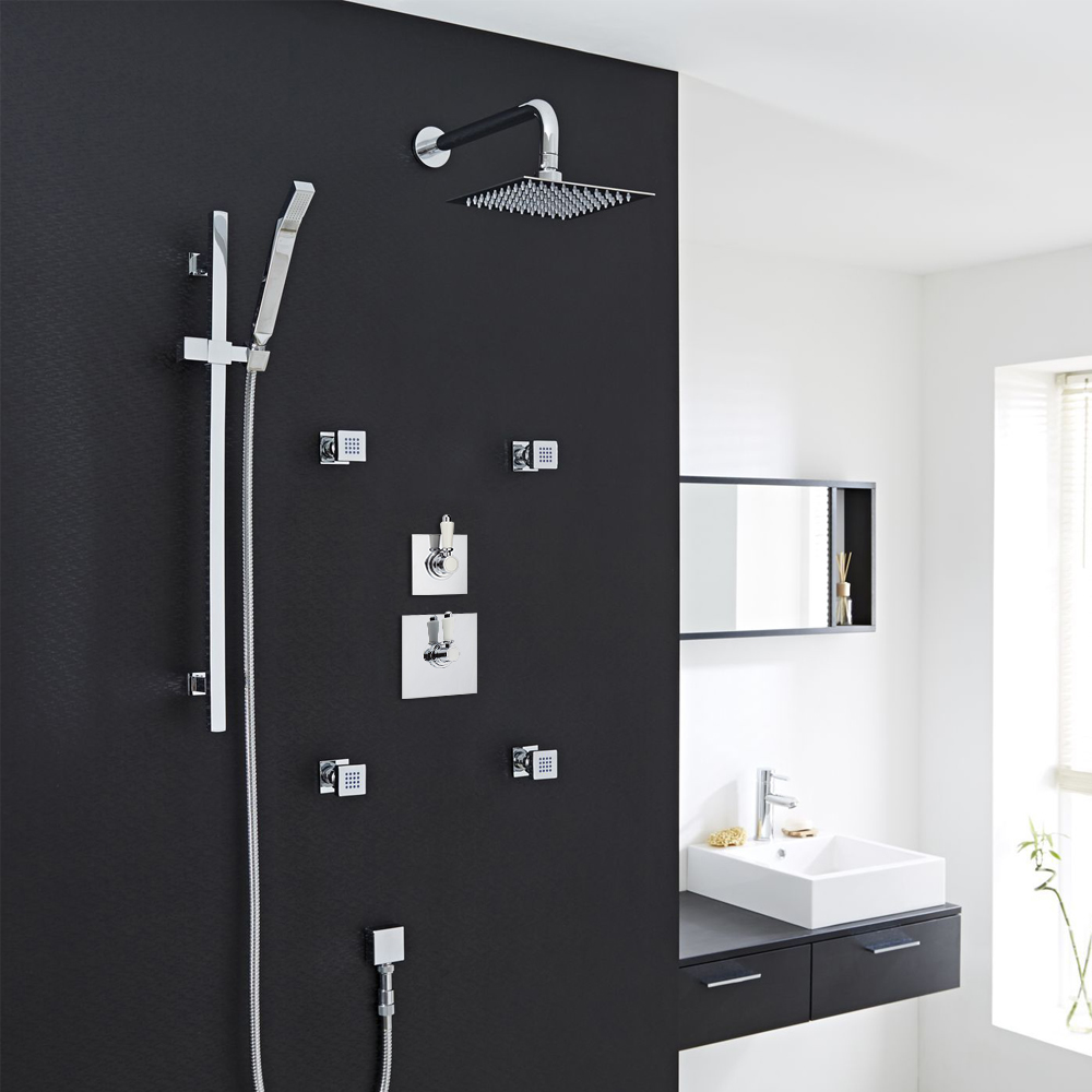 Traditional 3-Outlet Shower System with Square Head, Body Jets & Diverter Valve
