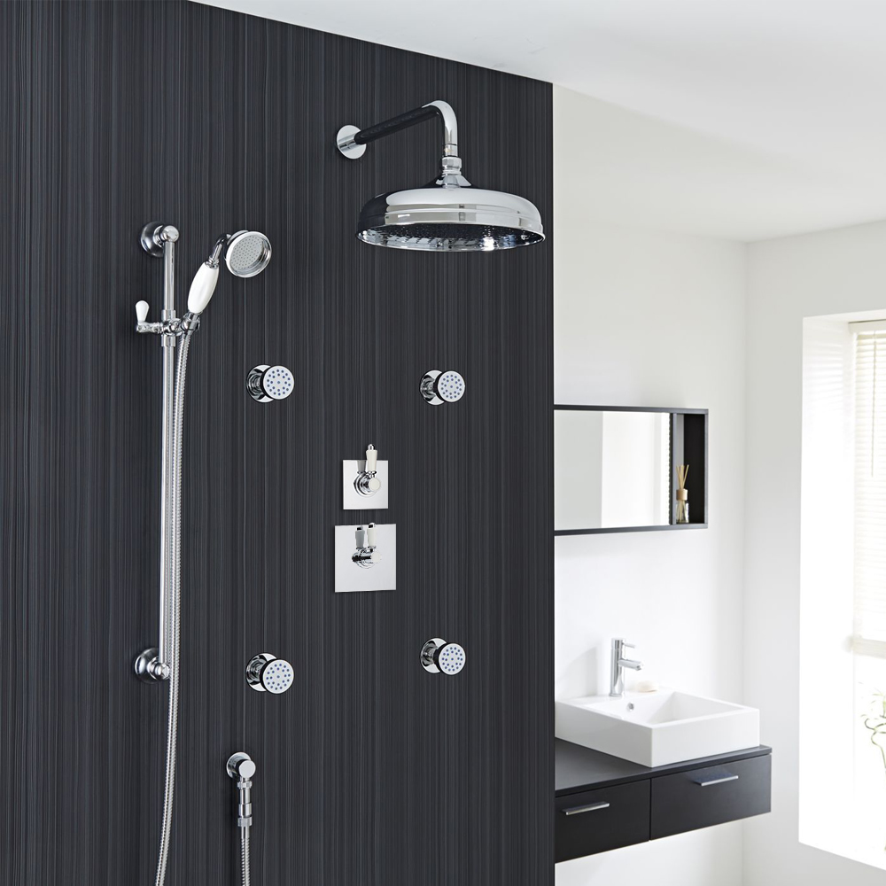 Traditional 3-Outlet Shower System with 12" Apron Head, Body Jets & Diverter Valve
