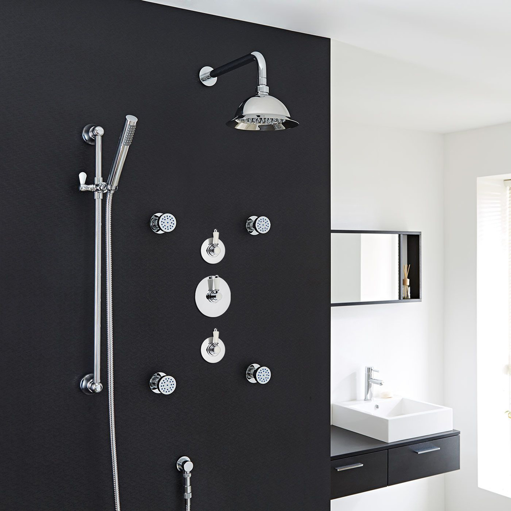 Traditional 3-Outlet Shower System with 8" Rose Head, Body Jets & Diverter Valve