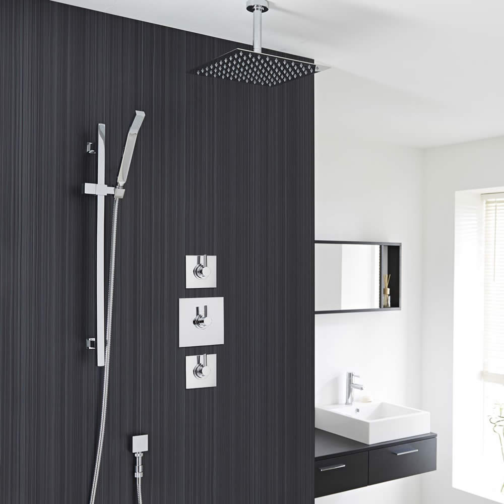 2-Outlet Shower System with 12" Square Head, Hand Shower & Shut-Off Valves