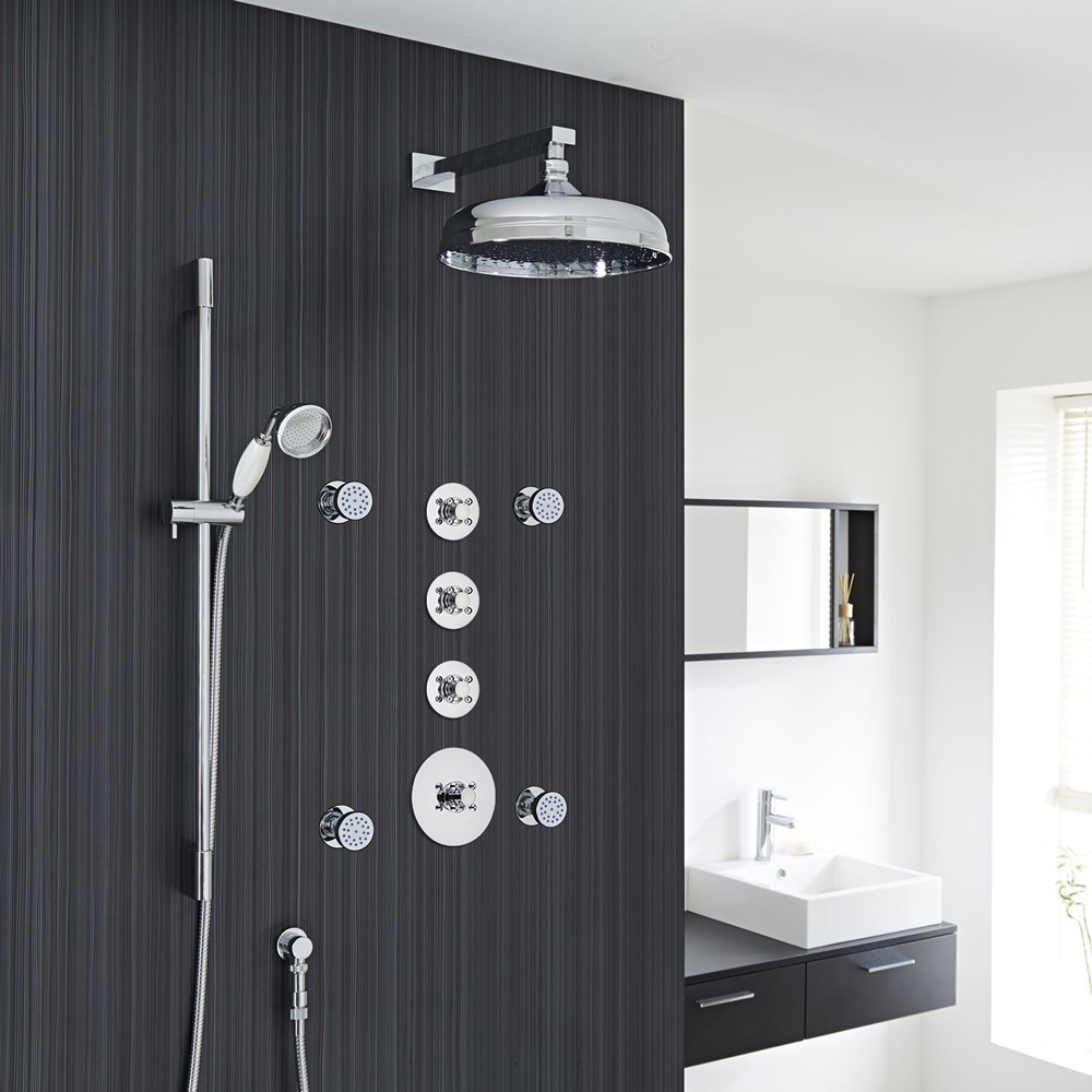 Traditional Shower System with 12" Apron Head, Hand Shower, Body Jets & Shut-Off Valves