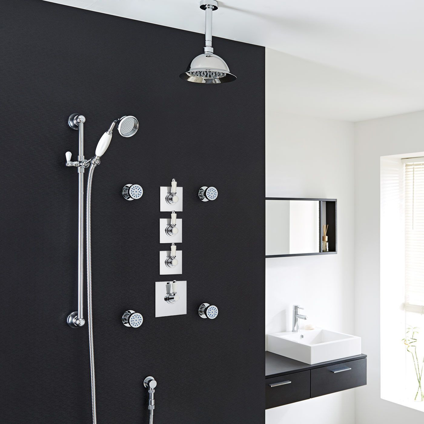 Traditional Shower System with 8" Rose Head, Hand Shower, Body Jets & Shut-Off Valves