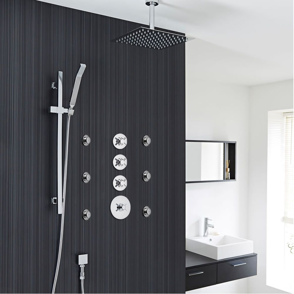 3-Outlet Shower System with 12" Square Head, Body Jets & Shut-Off Valves