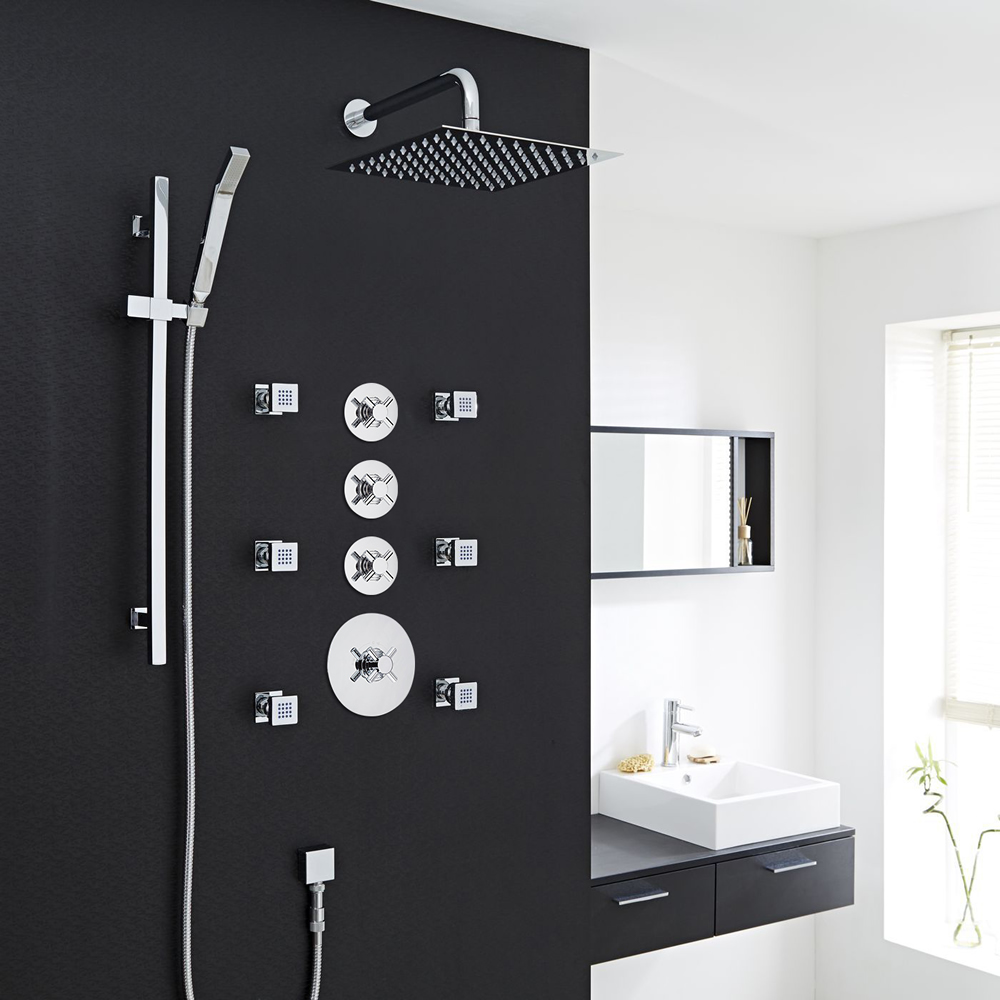 Modern 3-Outlet Shower System with Square Head, Body Jets & Shut-Off Valves