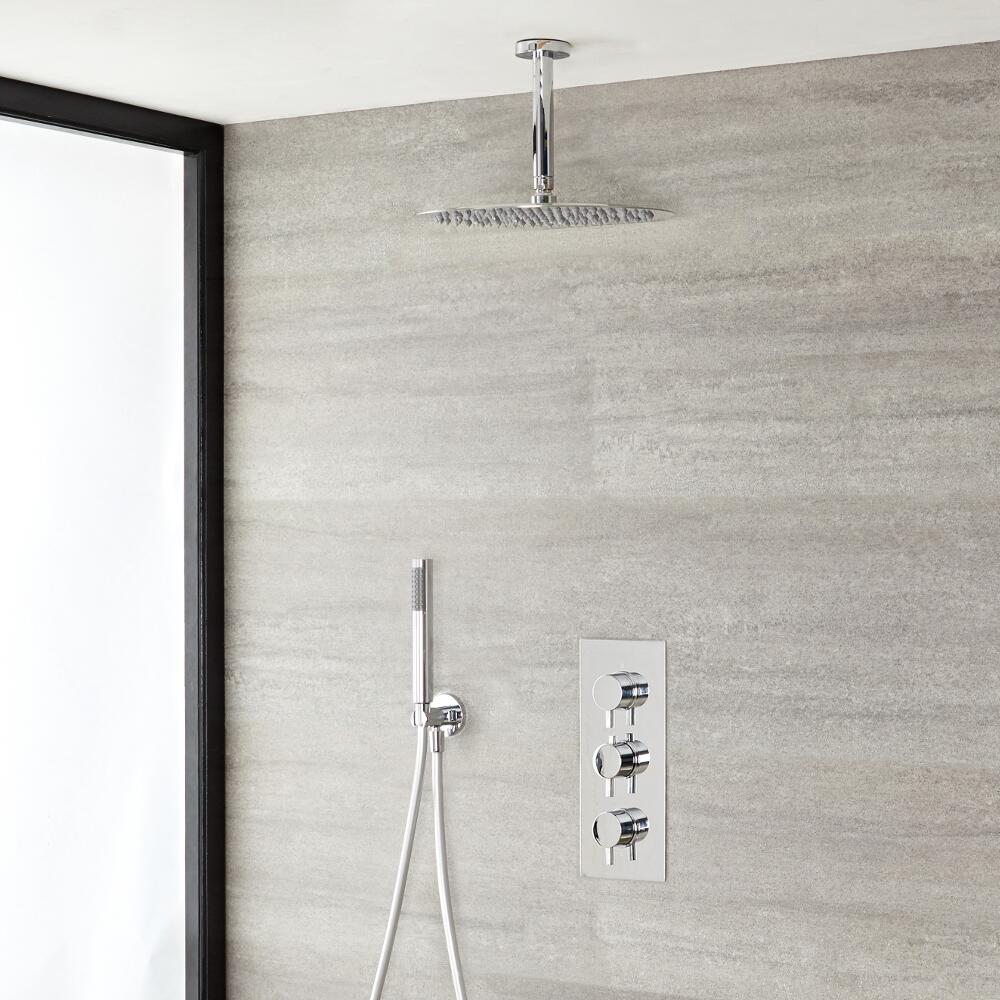 Quest Thermostatic Chrome Shower System with Ceiling Mount 12" Shower Head and Hand Shower