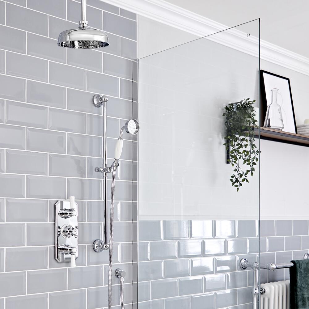 Elizabeth Traditional Thermostatic Chrome Shower System with Ceiling Mount 12" Apron Shower Head and Slide Rail Kit