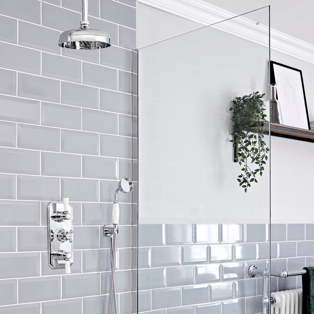 Elizabeth Traditional Thermostatic Chrome Shower System with Ceiling Mount 12" Apron Shower Head and Hand Shower Kit