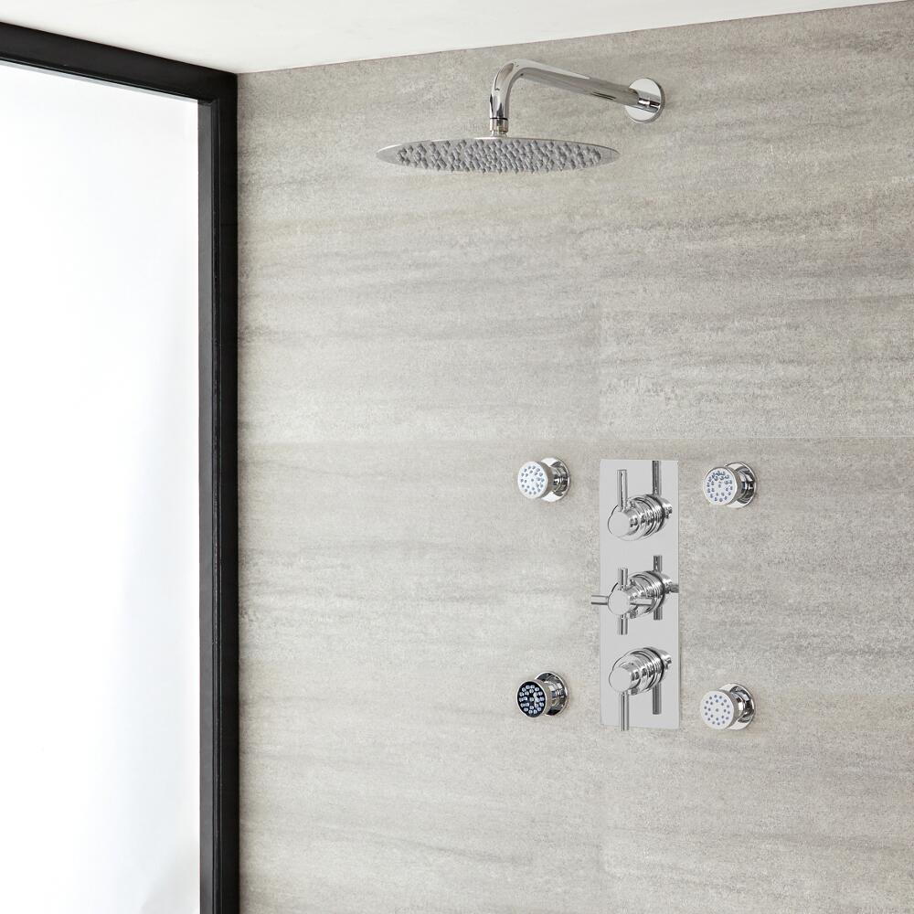 Tec Thermostatic Chrome Shower System with Wall Mount 12" Shower Head and 4 Body Sprays