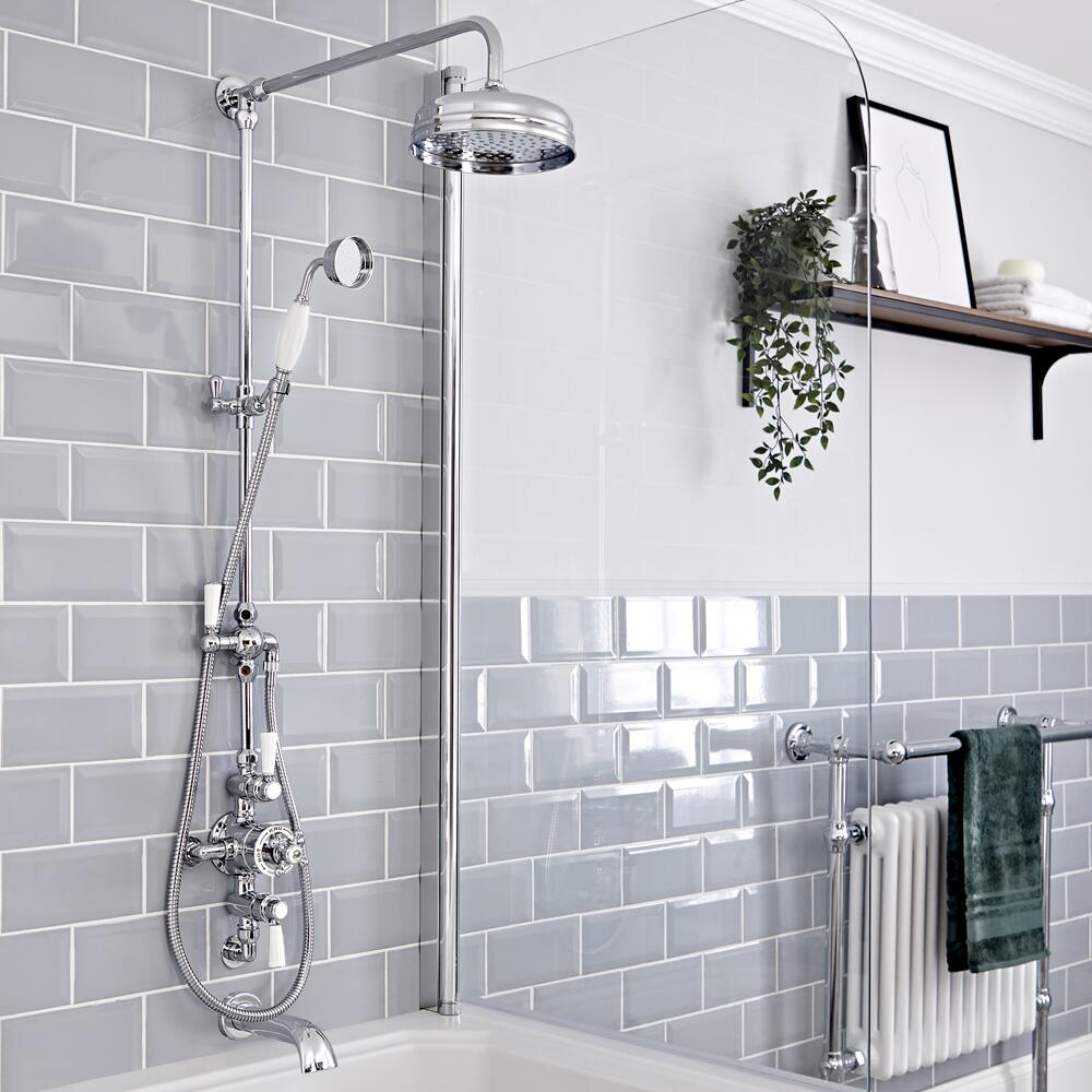 Elizabeth Traditional Exposed Thermostatic Chrome Shower System with Apron Head Grand Rigid Riser and Wall Mount Tub Spout