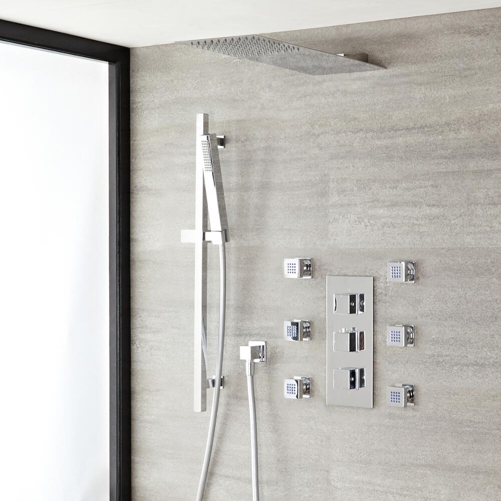 Kubix Thermostatic Chrome Shower System with Ultra Slim Shower Head, Slide Rail Kit and 6 Body Sprays