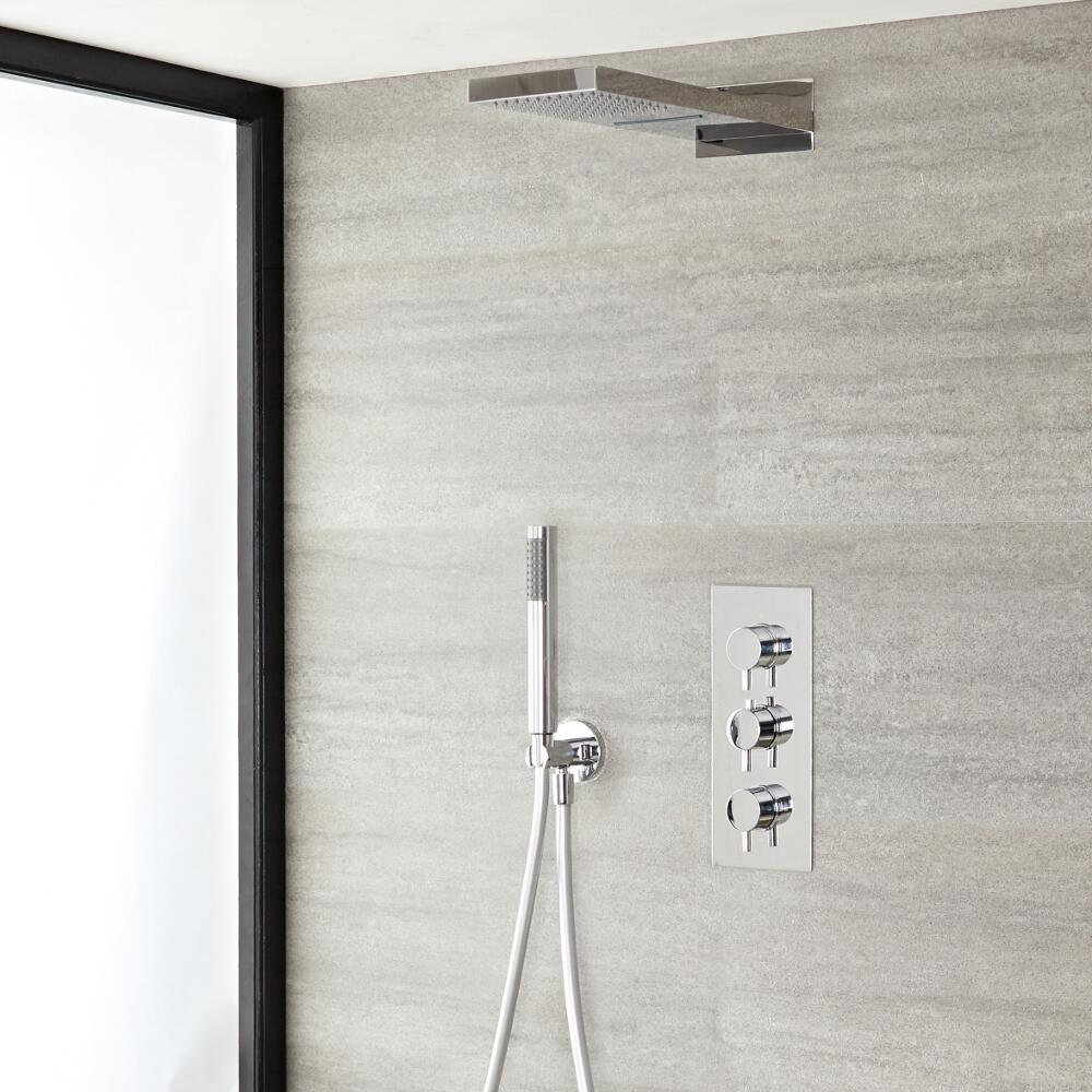 Quest Thermostatic Chrome Shower System with Waterblade Shower Head and Hand Shower
