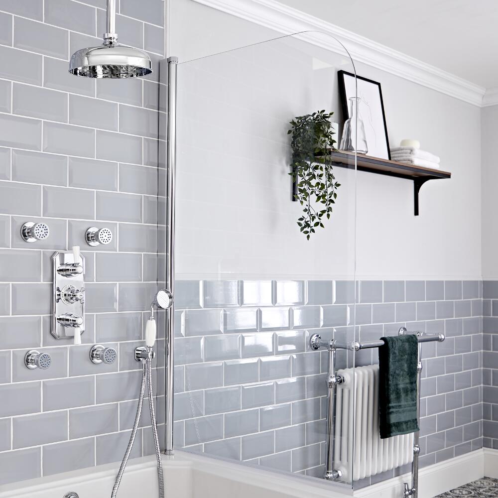 Elizabeth Traditional Thermostatic Chrome Shower System with Ceiling Mount 12" Apron Shower Head, Hand Shower Kit and 4 Body Sprays