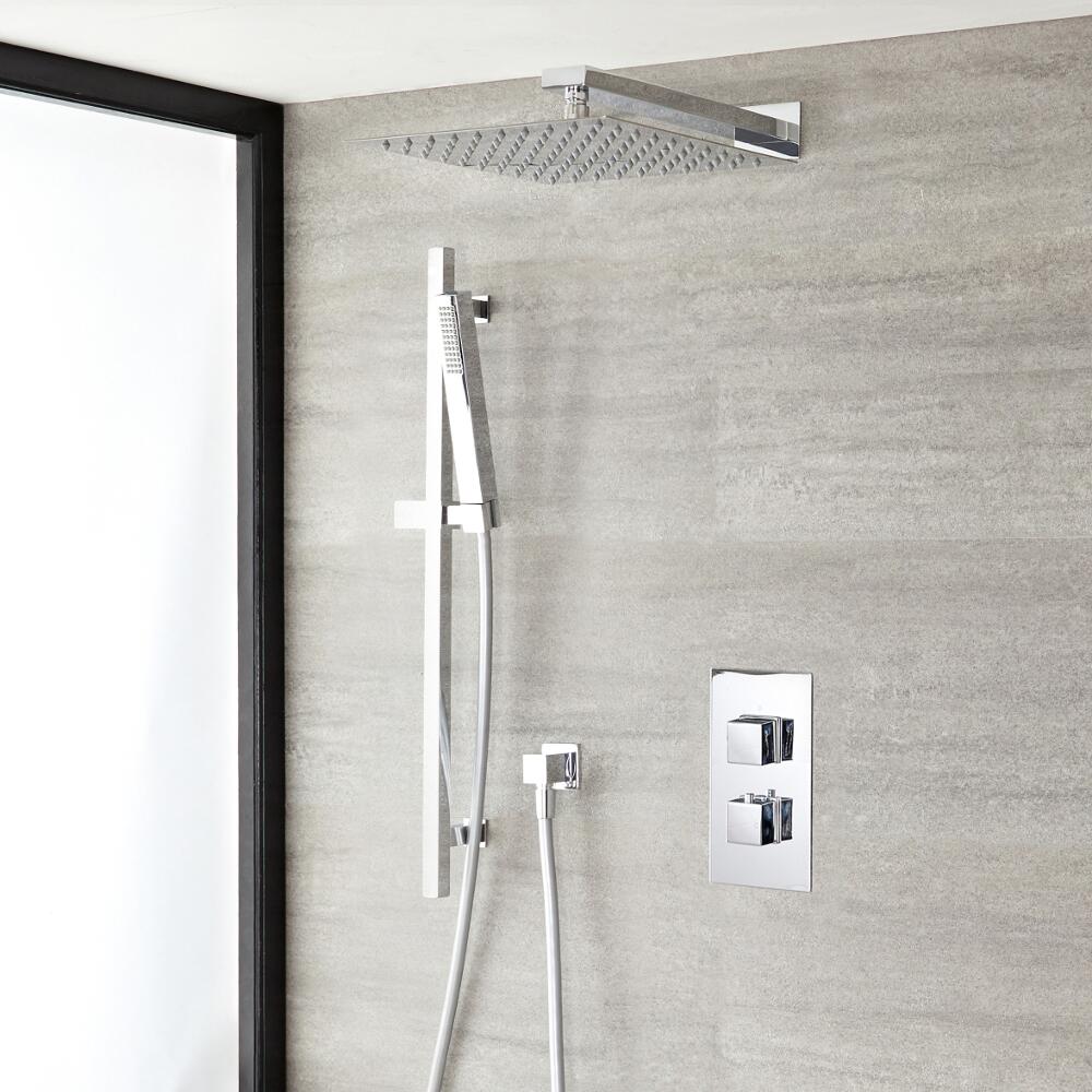 Kubix Thermostatic Chrome Shower System with Wall Mount 12" Square Shower Head and Slide Rail Kit