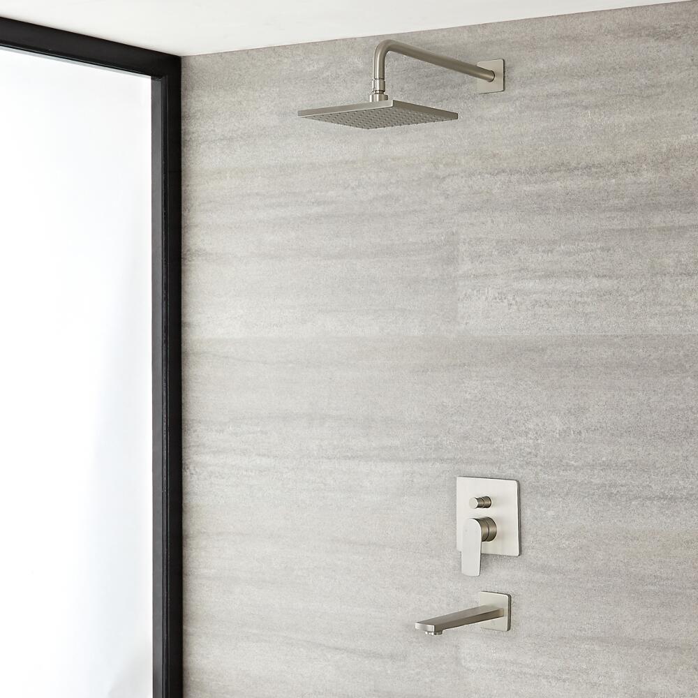 Arcadia Brushed Nickel Shower System with 8" Shower Head and Tub Filler