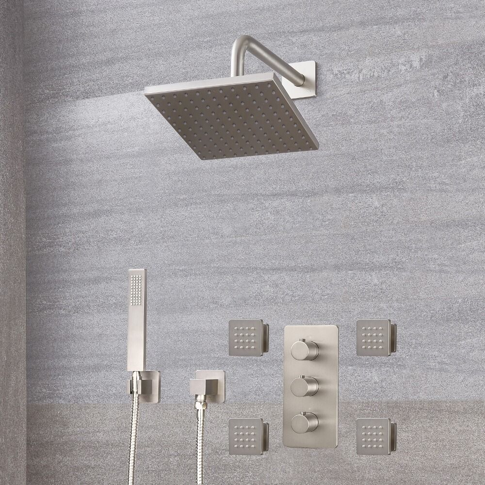 Arcadia Thermostatic Shower System with 8" Shower Head, Handshower and 4 Body Sprays - Available in Multiple Finishes