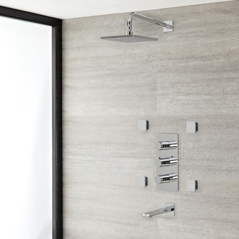 Arcadia Thermostatic Chrome Shower System with 8" Shower Head, Tub Spout and 4 Body Sprays