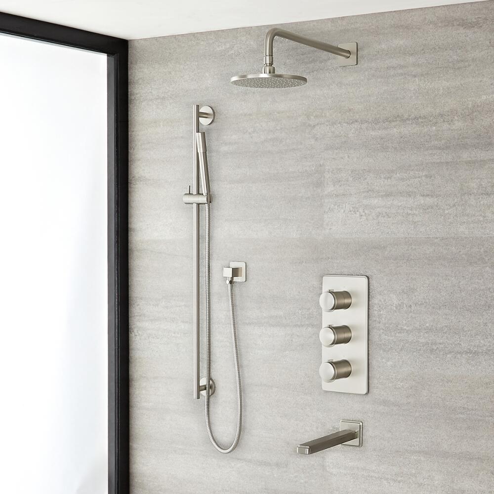 Eclipse Thermostatic Brushed Nickel Shower System with 8" Shower Head, Slide Rail Kit and Tub Spout