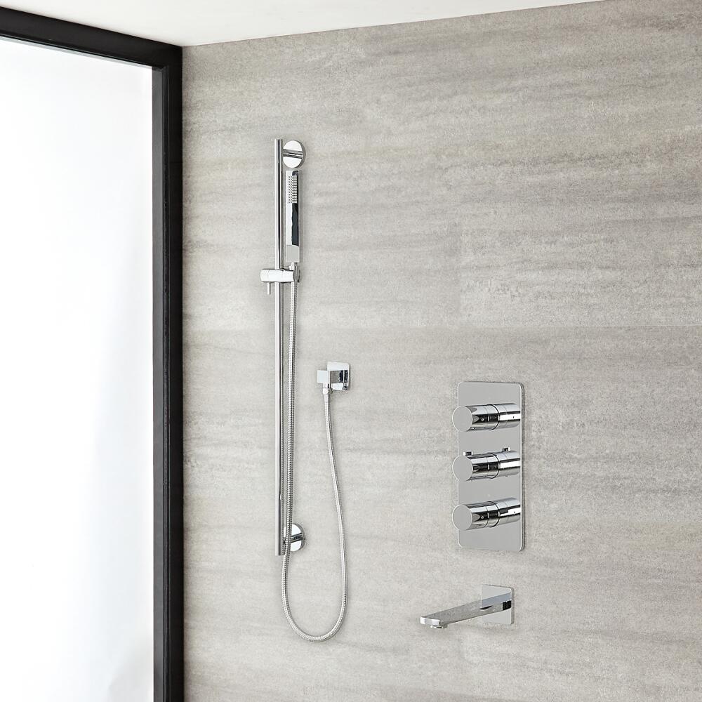 Arcadia Thermostatic Chrome Shower System with 8" Shower Head, Slide Rail Kit and Tub Spout