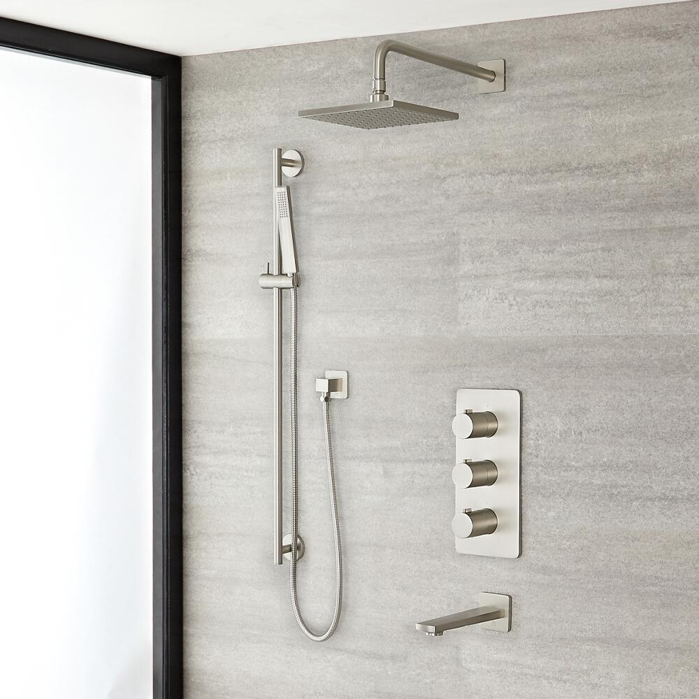 Arcadia Thermostatic Brushed Nickel Shower System with 8" Shower Head, Slide Rail Kit and Tub Spout