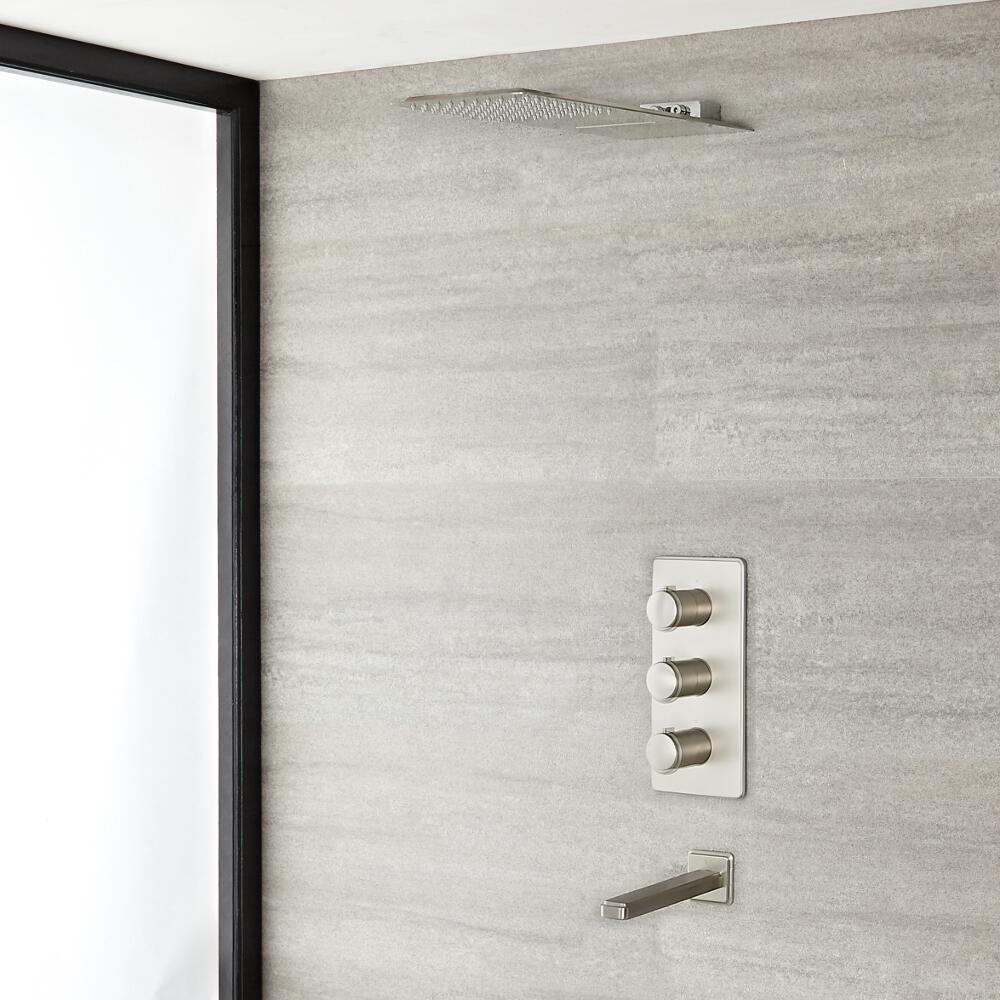 Eclipse Thermostatic Brushed Nickel Shower System with Waterfall Head and Tub Spout